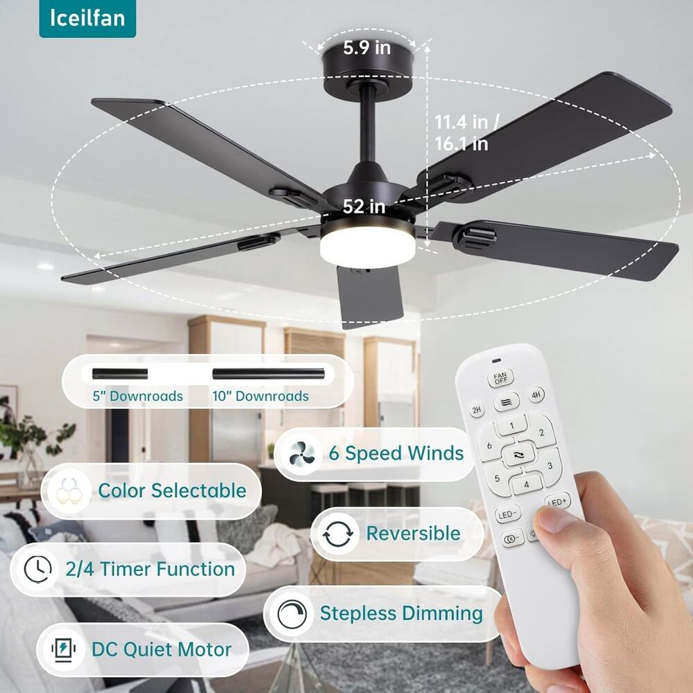 Black 52 Inch Ceiling Fans With Lights, Modern Double-Sided Fan Blade Dimmable - Picture 2 of 6